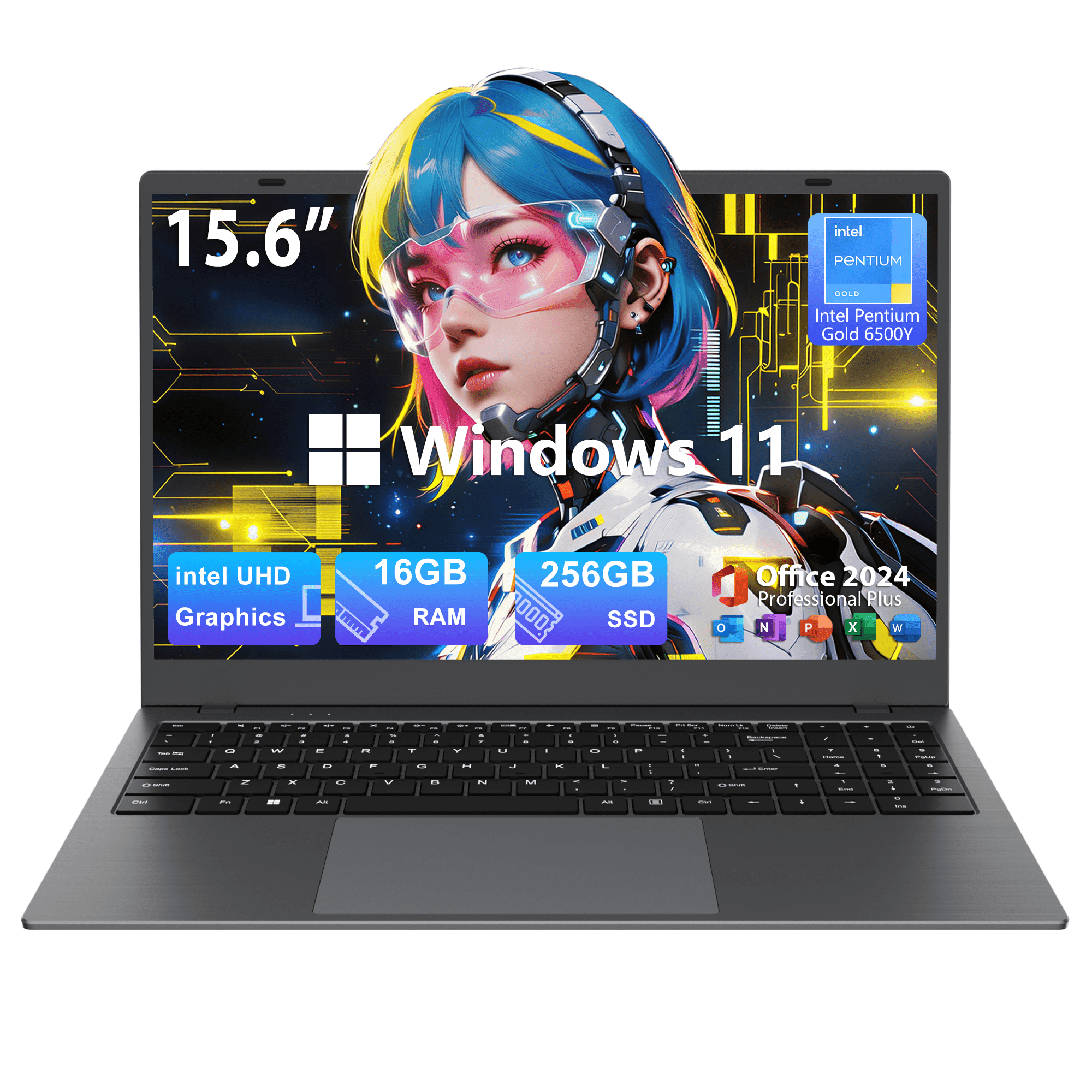 RNRUO 15.6" Laptop Computer, 16GB RAM 256GB SSD, Intel 6500Y with 2 Cores up to 3.4GHz, FHD Display Office 2024 WiFi5 BT5.0 Numeric Keypad Windows 11 Laptop for Business, Student, Office, Dark Gray