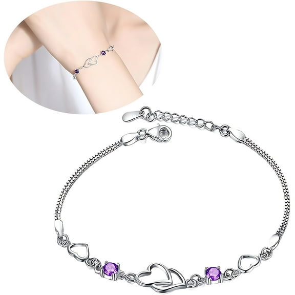 KeirineCC Double Heart Bracelets for Women 925 Silver Beaded Bracelets Stackable Bracelets for Women Charm Bracelet Non Tarnish Silver Jewelry for Women Trendy - Purple
