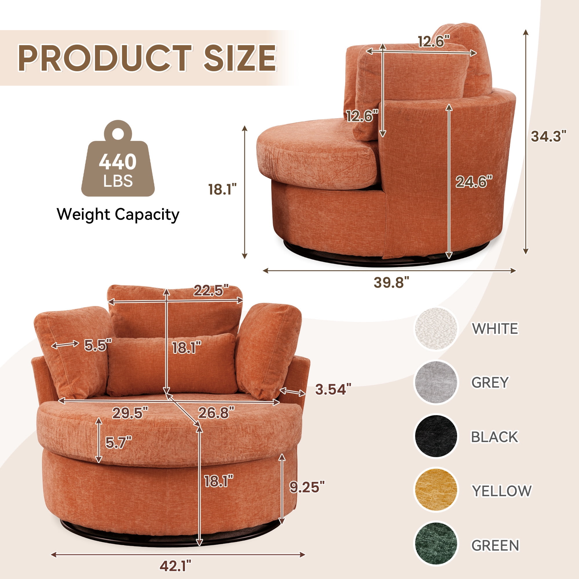Lunale Oversized Swivel Barrel Accent Chair, Teddy Adult Comfy Reading Armchair, Orange