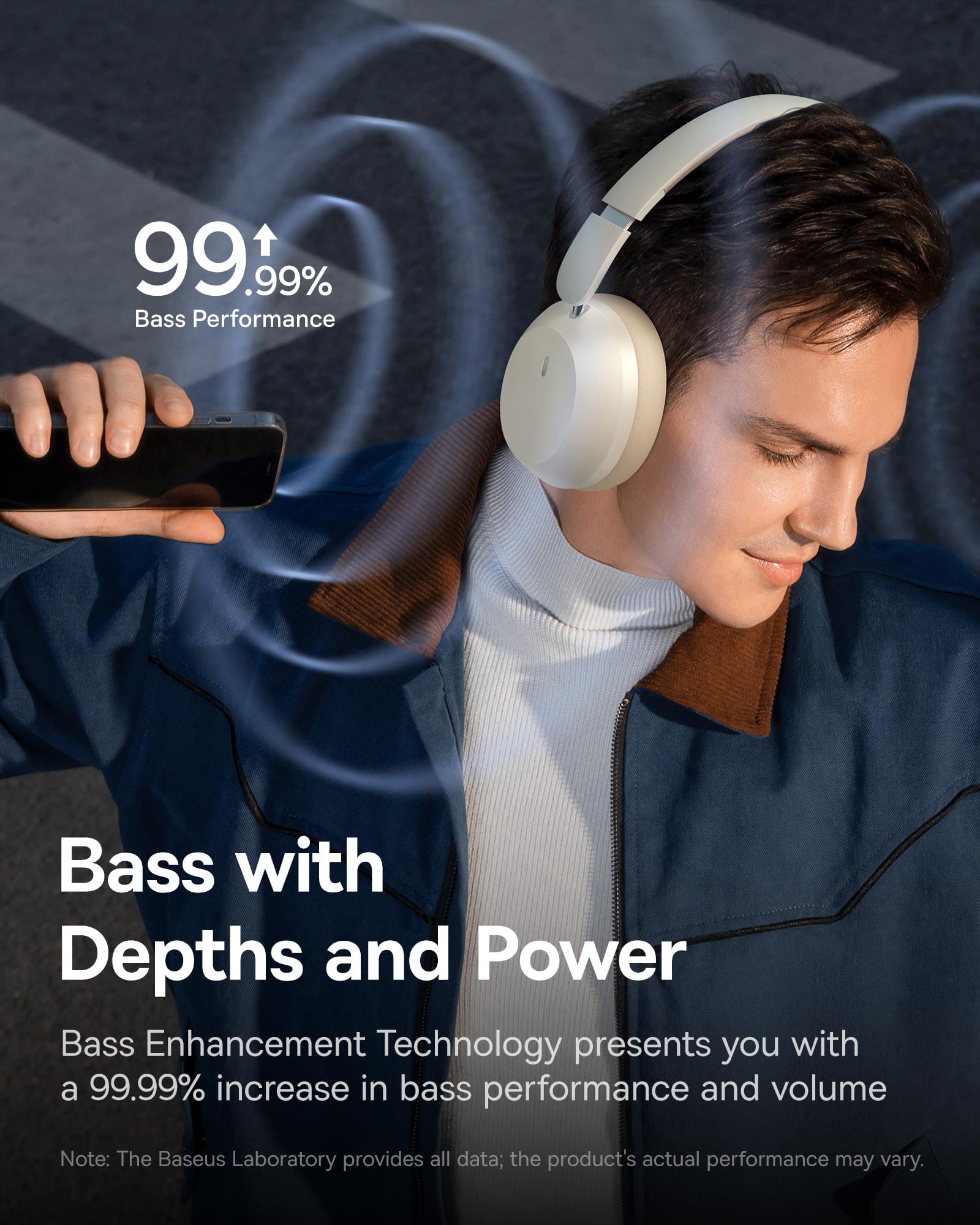 Baseus Over Ear Headphones Bluetooth 5.3 50H Playtime Foldable Wireless Headphone, White