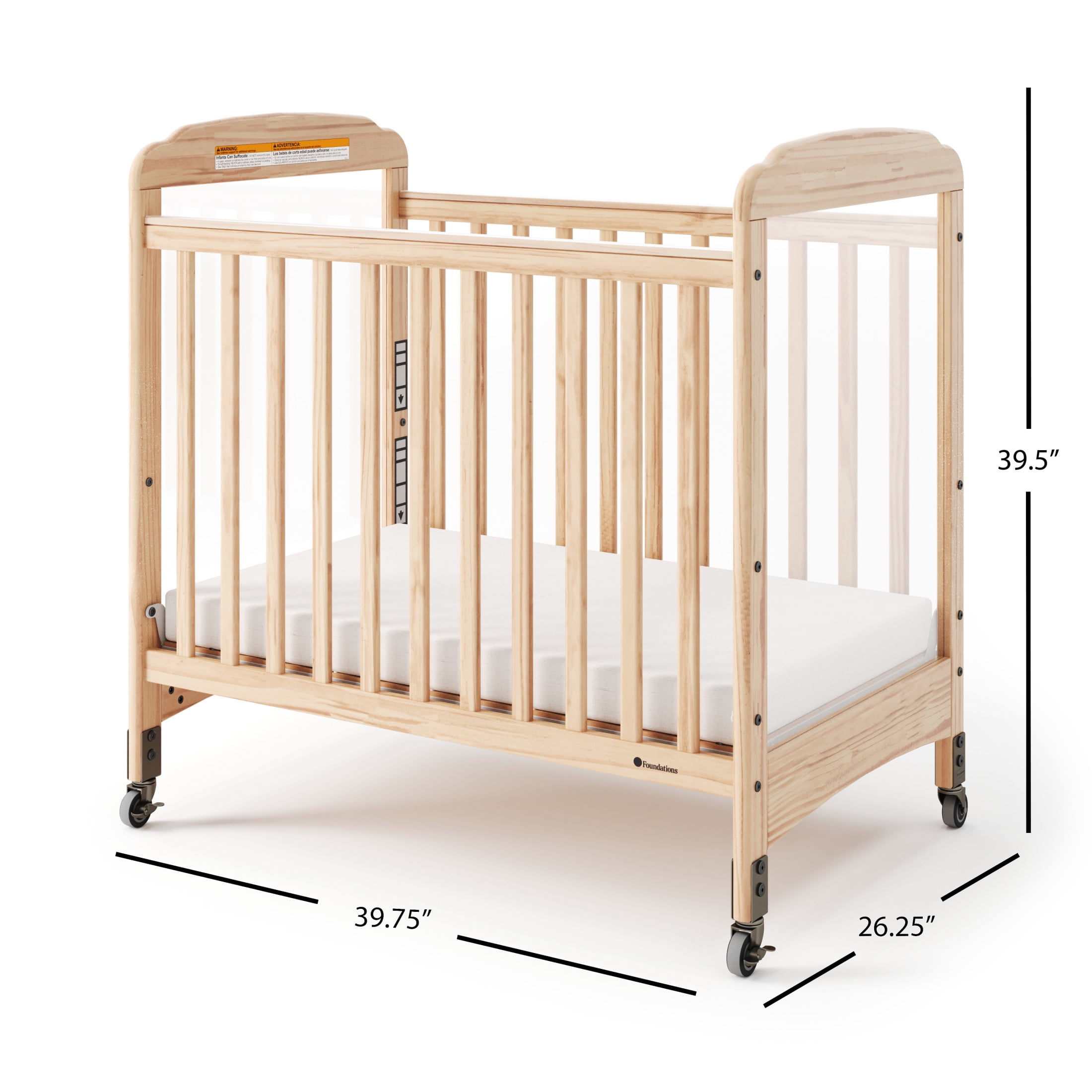 Foundations Serenity Compact Clearview Crib with 3" Foam Mattress, Locking Casters, Adjustable Height