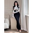 thumbnail image 5 of Black And White Floral Print High Neck Long Sleeve Slim-Fit Maxi Dress For Elegant Daily Or Evening Wear, 5 of 6