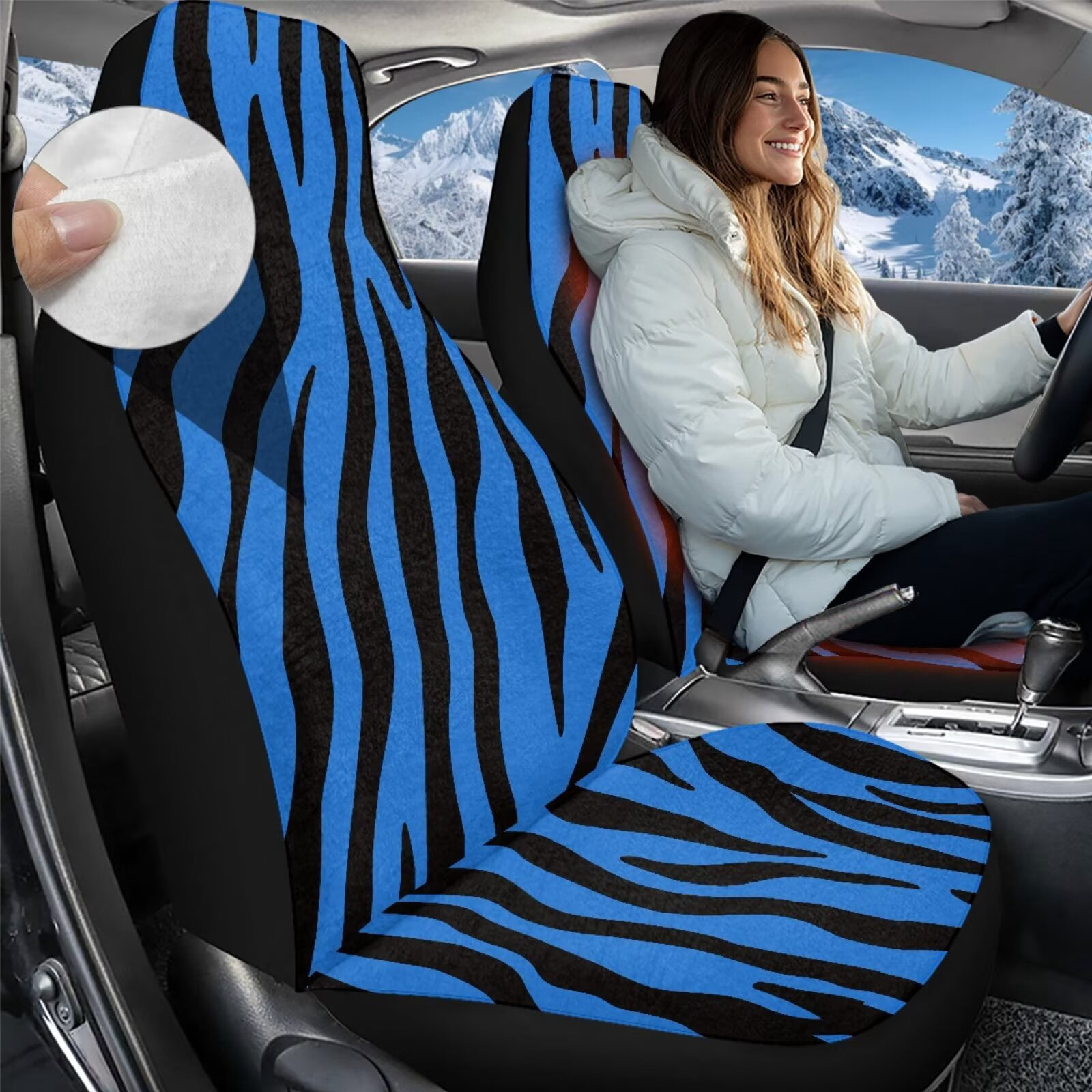 Uorisanigo Car Seat Covers 2pcs Blue Zebra Stripes High Back Front Seat Cushion Covers for Women Men Car Accessories Coral Velvet Fabric Seats Cover for Most Vehicles, All Weather Protection