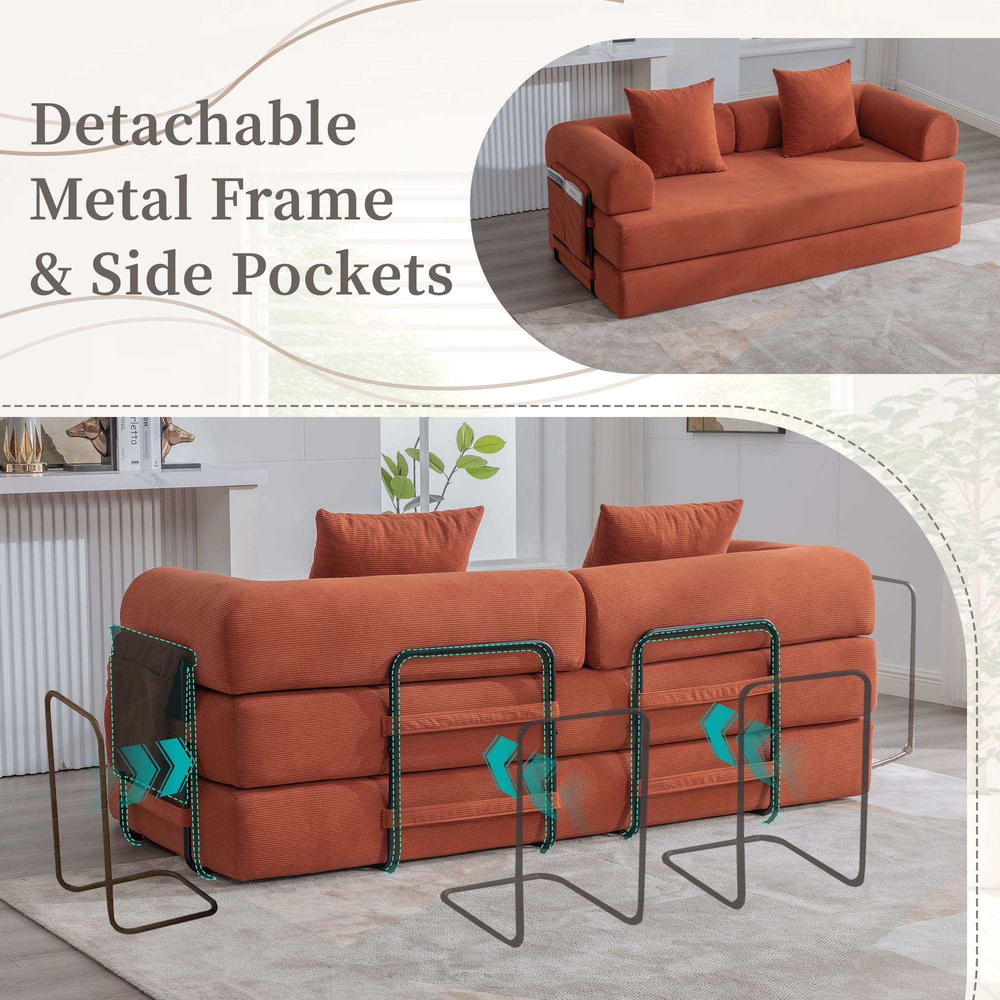 MOONMISS Corduroy Upholstered Modern Comfort Foldable Compressible Sofa Bed with Sturdy Metal Frame-Orange
