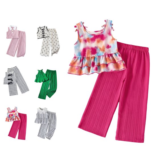 WAVSUF Kids Girls Outfits Ruffle Hem Tank Tops and Wide Leg Pants Casual Summer Comfort Soft Sets 2 Piece Hot Pink Size 7-8