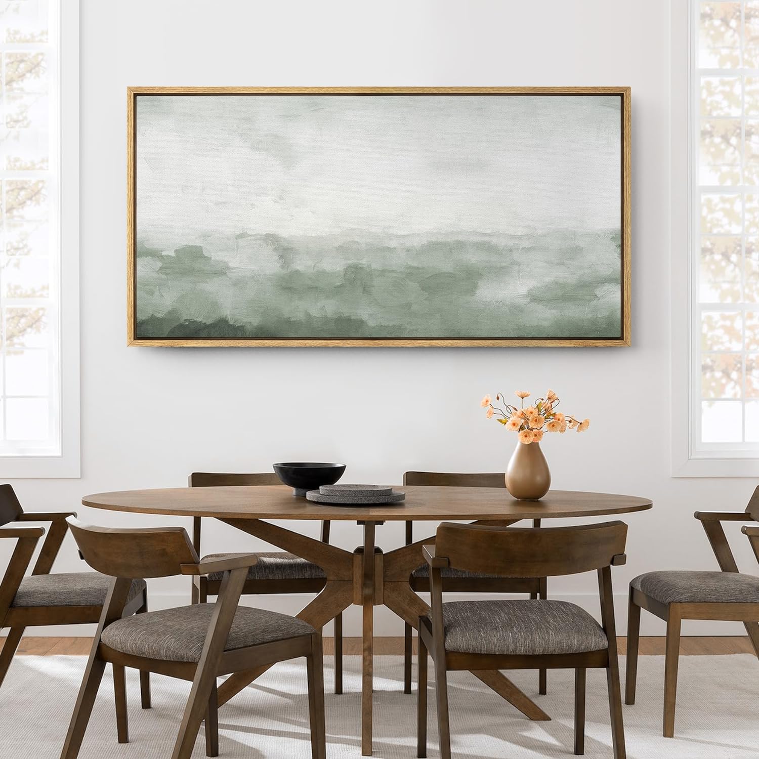 IDEA4WALL Extra Large Framed Canvas Print Wall Art Misty Green Horizon Illustrations Artwork Nature Wilderness Antique Retro Fine Art Decorative Relax/Calm for Home Decoration - 60"x30"