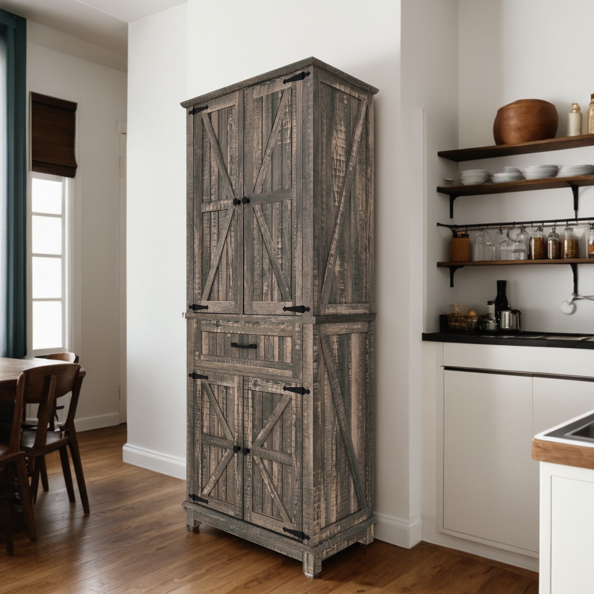 Uforic Kitchen Pantry Storage Cabinet with Doors and Drawer, Dark Oak