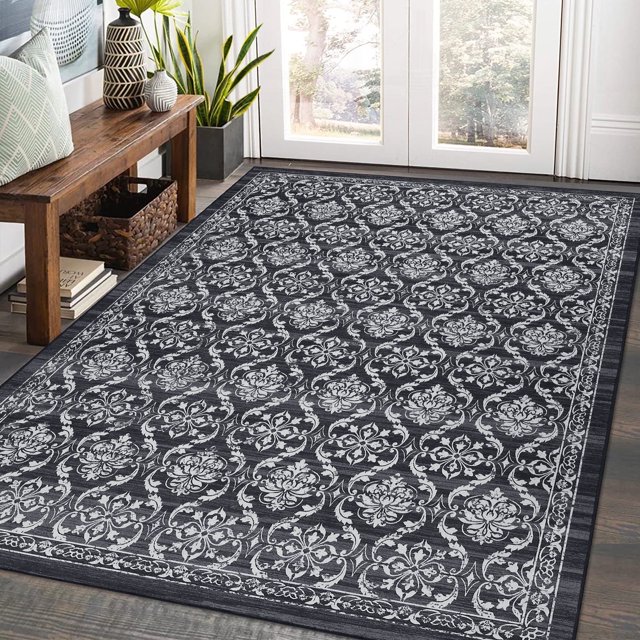YUSAZENS 5x7 Vintage Floral Area Rug Washable Non-Slip Stain-Resistant Retro Print Throw Carpet for Dining Room Home Office Gray Black