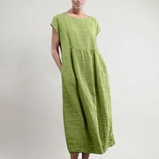 CTEEGC Summer Pockets Dress for Womens Short Sleeve V Neck Casual Dresses Cotton Linen Pleat Knee Length Sundress Midi Dress