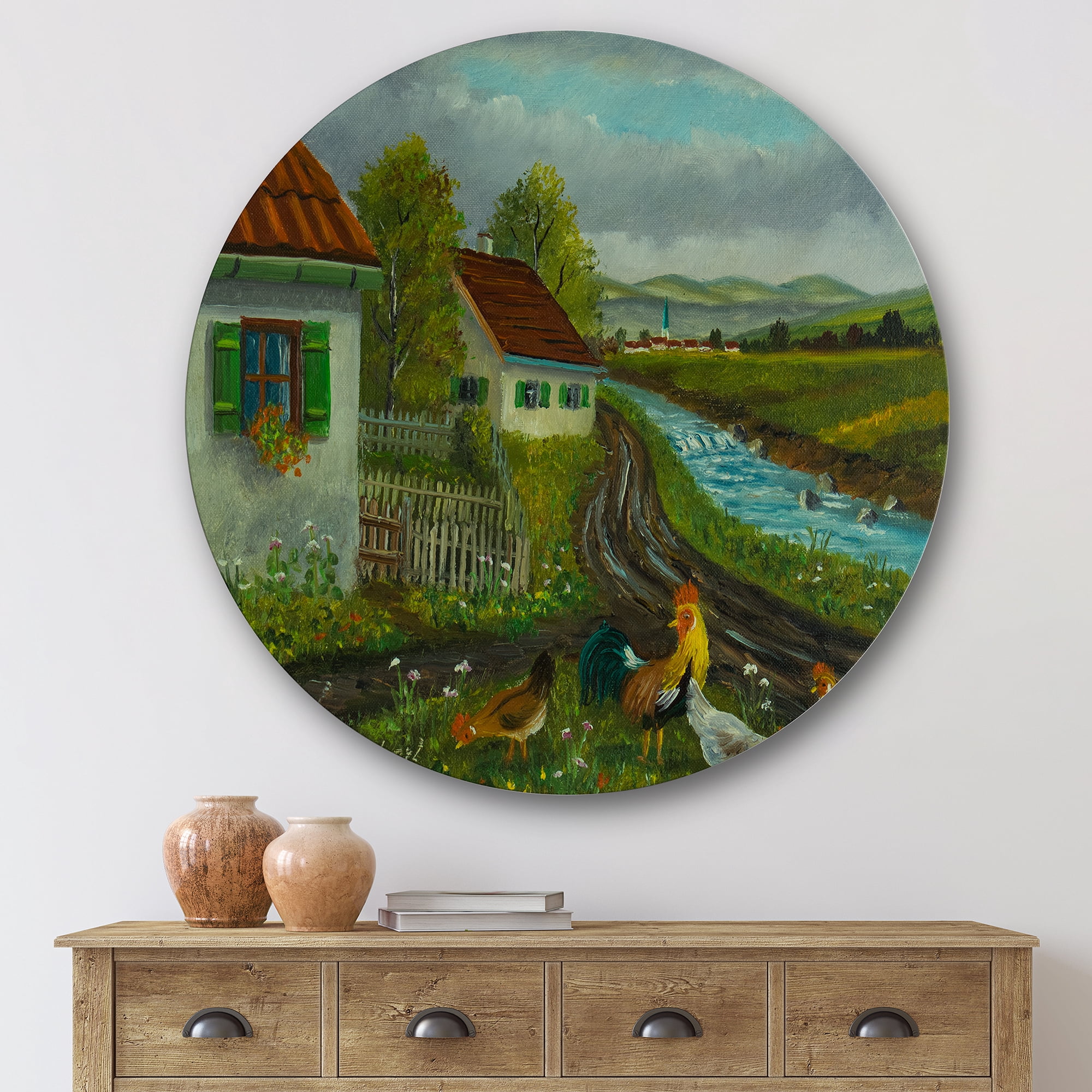Designart 'A Cock and Three Chickens In A Meadow With Flowers' Farmhouse Circle Metal Wall Art 29x29 - Disc of 29