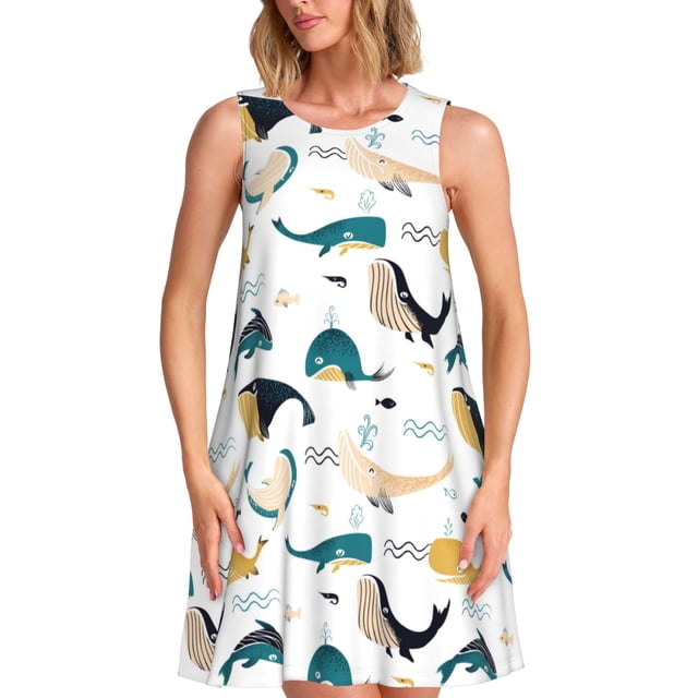 Balery Cute Whale Vestidos de verano para mujer con estampado: vestido holgado sin mangas, vestido playero informal y cómodo para días calurosos.