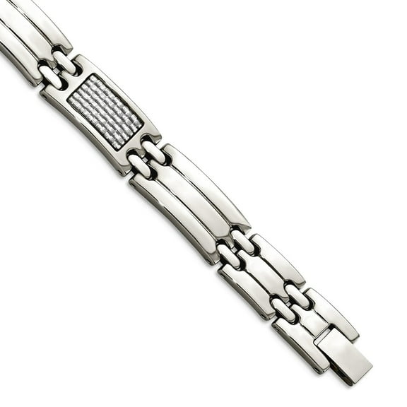 Stainless Steel Fold-over Polished Grey Carbon Fiber Bracelet 8.5 Inch 10mm Wide Link Bracelet for Women