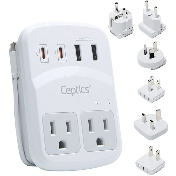 Ceptics World Travel Adapter Kit 2 USB-A, USB-C US Outlets, 20W/QC 18W Power Delivery, Surge Protection, SWADAPT Compatible for Europe, UK, China, Australia, Japan Perfect Laptop (WPS-5B)