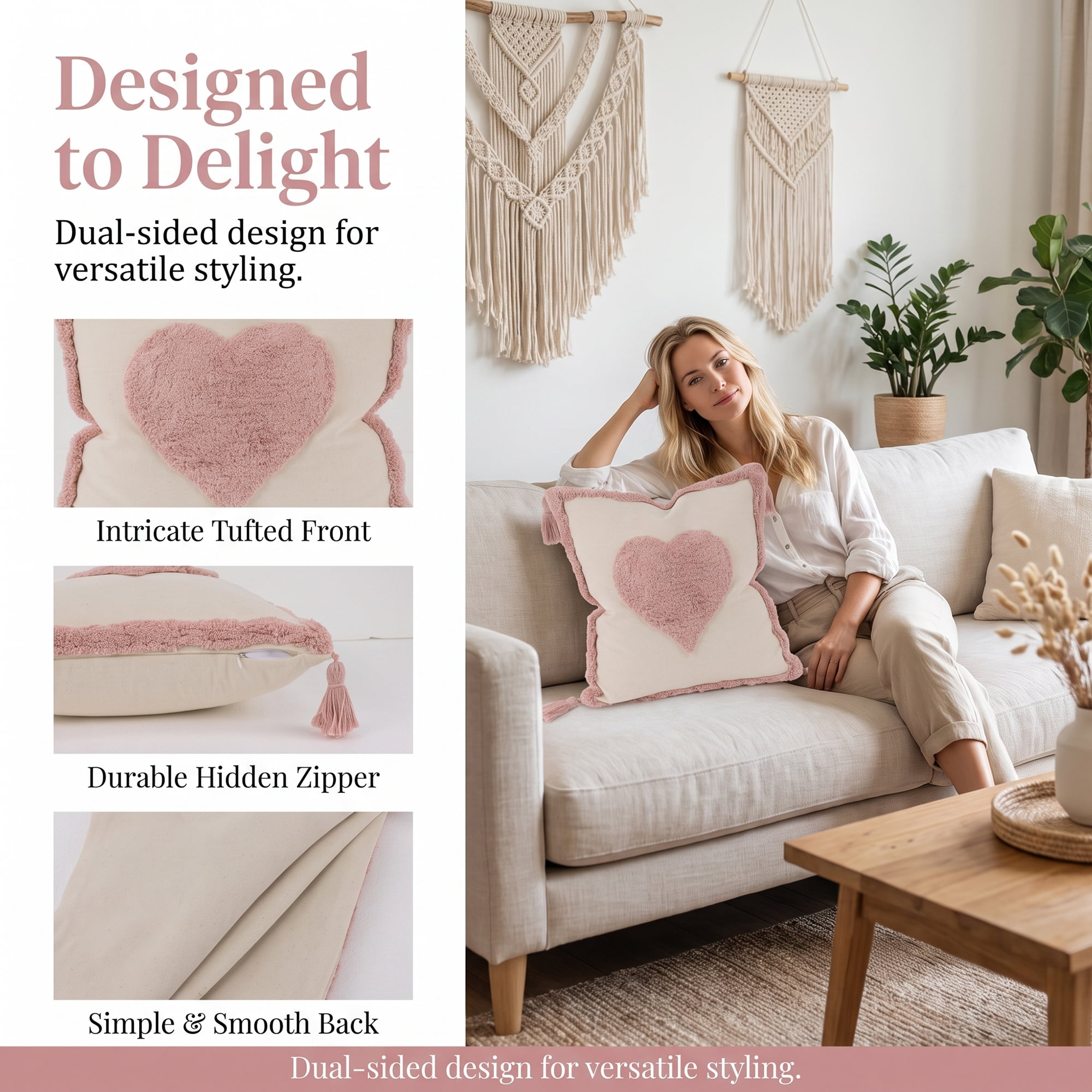 Unique Bargains Tufted Throw Pillow Cover Cushion Case for Home Pink Heart 18"x18"