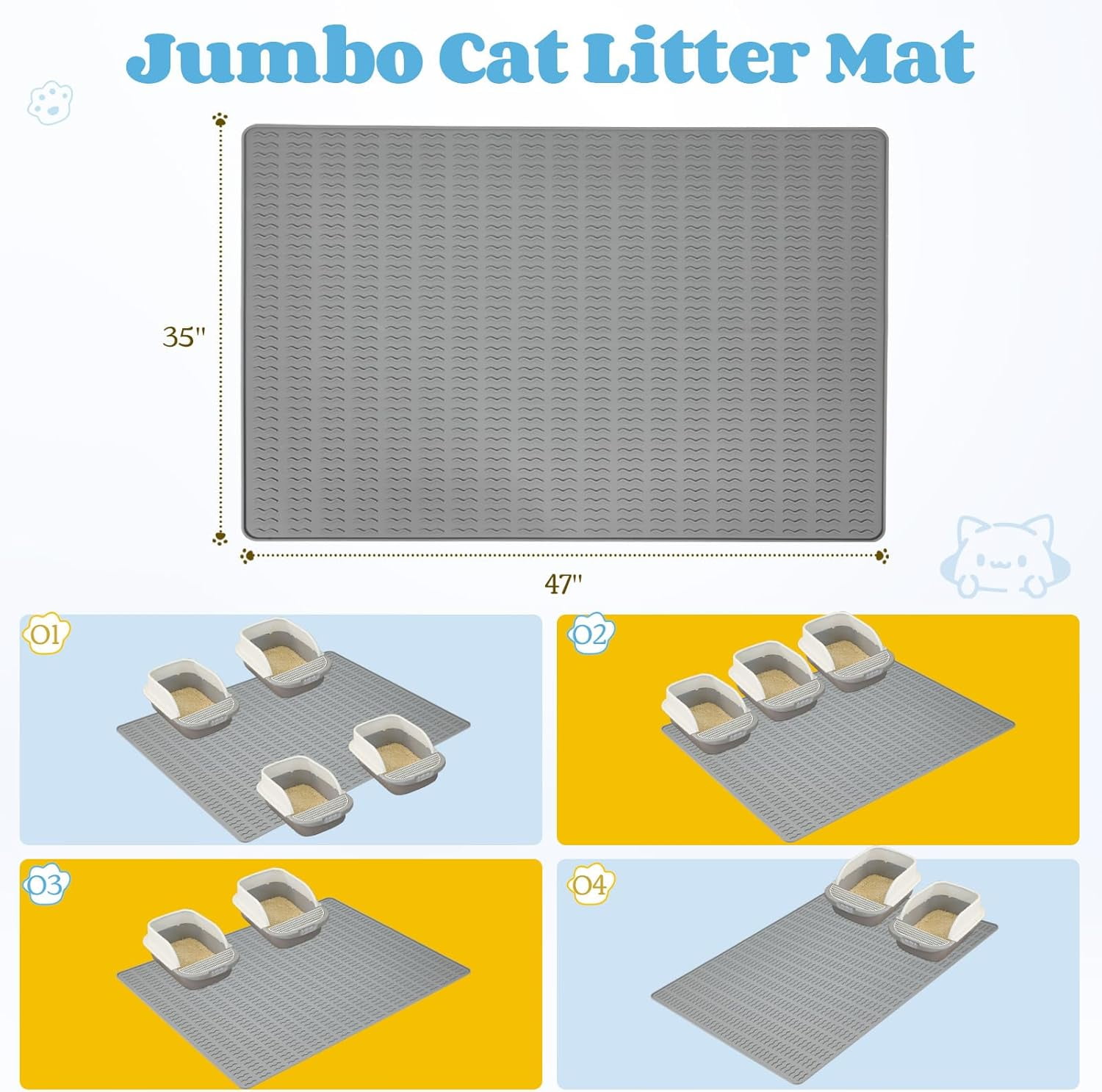 Cat Litter Mat, 47x35in Extra Large Silicone, Waterproof Floor Litter Box Mat Indoor, Jumbo Washable Litter Trapping Mat Easy Clean XXL, Grey