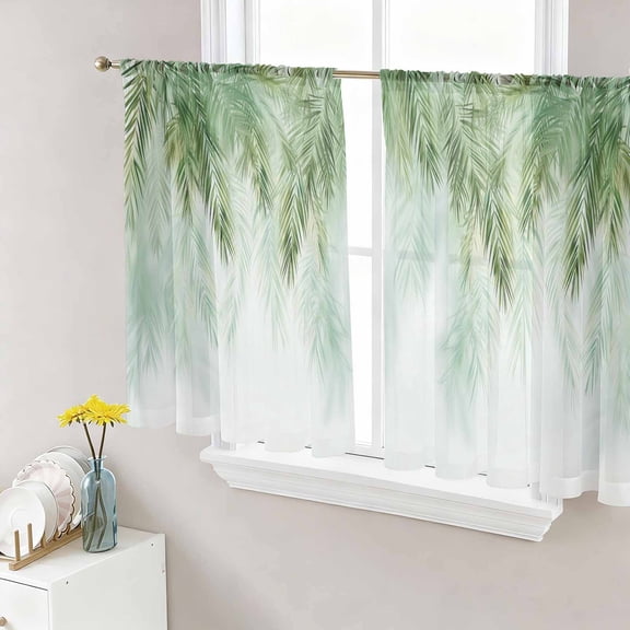 Green Palm Leaves Sheer Curtains 54 Inch Length 2 Panels Set, Summer Botanical Tropical Voile Window Treatment Rod Pocket Short Kitchen Curtains Drapes for Bedroom 52"x54"x2