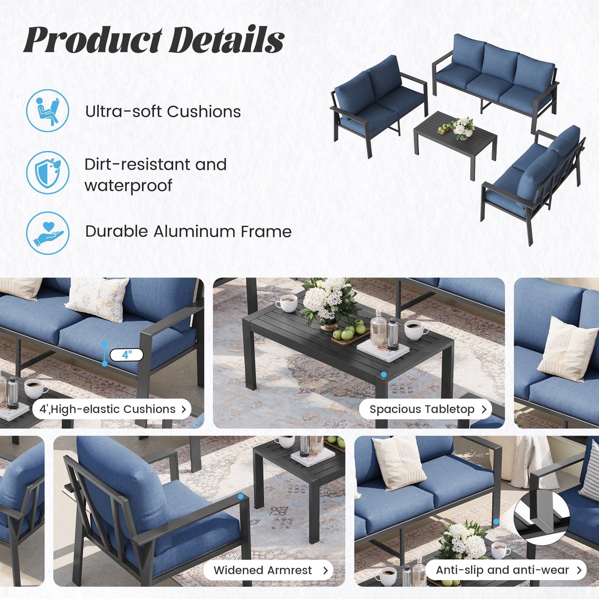MRUAKA Aluminum Patio Furniture Set, 6 Pcs Modern Outdoor Sofa Sets, Outdoor Sectional Patio Conversation Set with Coffee Table for Backyard, Poolside, Navy