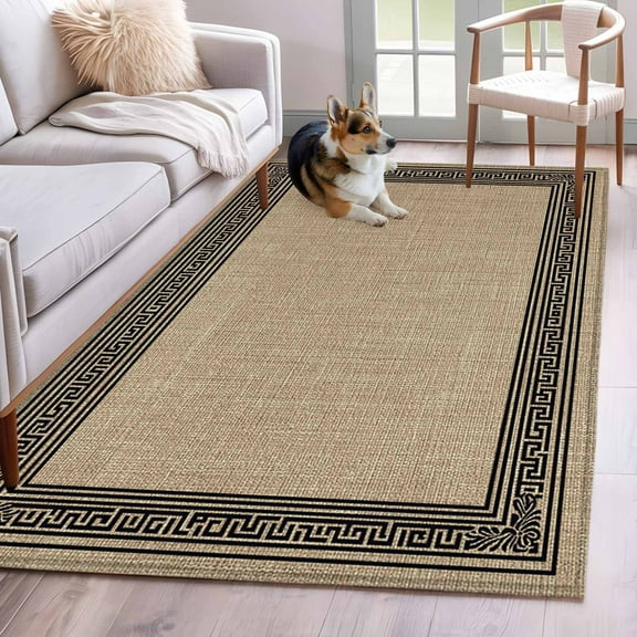 Black Brown Retro Greek Key Area Rug 3x5 Washable Rug Non Slip Geometric Greece Ancient Rustic Large Area Rug Indoor Floor Carpet for Entryway Bedroom Kitchen Living Room Office Dining Room Nursery