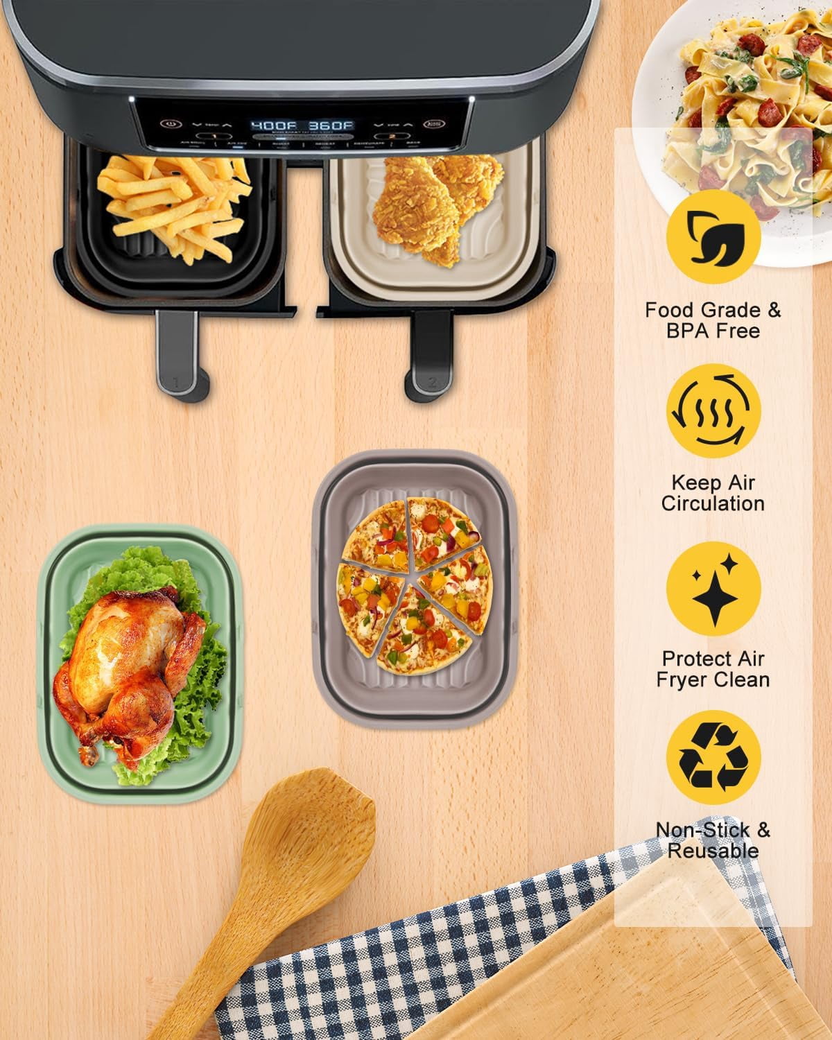 JJEAN-4-Pack Collapsible Air Fryer Silicone Liners for Ninja Foodi Dual Basket DZ201/DZ401/DZ550/DZ302, Reusable Airfryer Non-stick Rectangular Baking Basket Insert for Ninja 8QT-10QT Dualzone