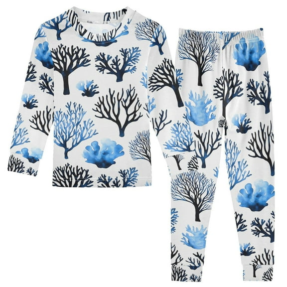 joogoo Blue Coral 2 Piece Long Sleeve Tee and Pants Cotton Pajama Set 5Y