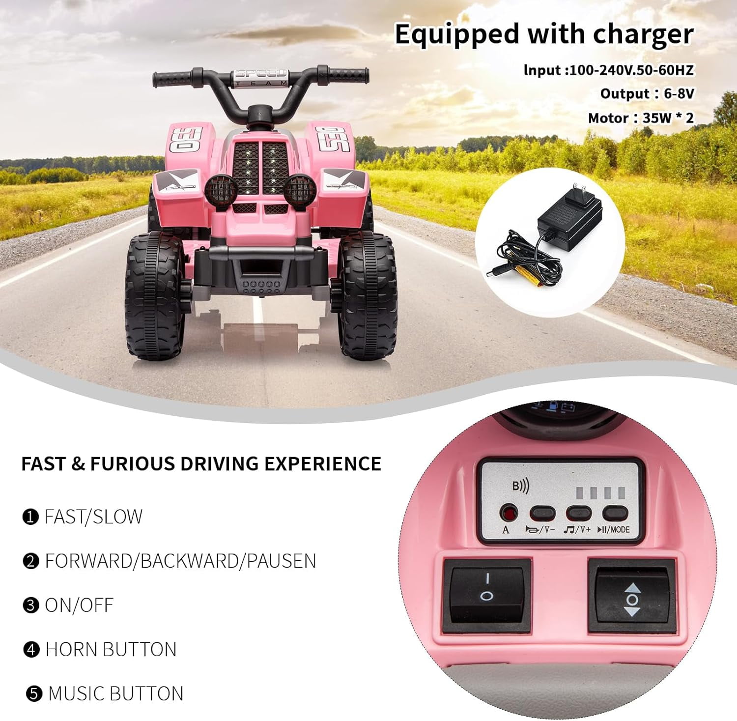 Trilenars 6V Ride On Car in Pink with Push-Button Accelerator,Pink