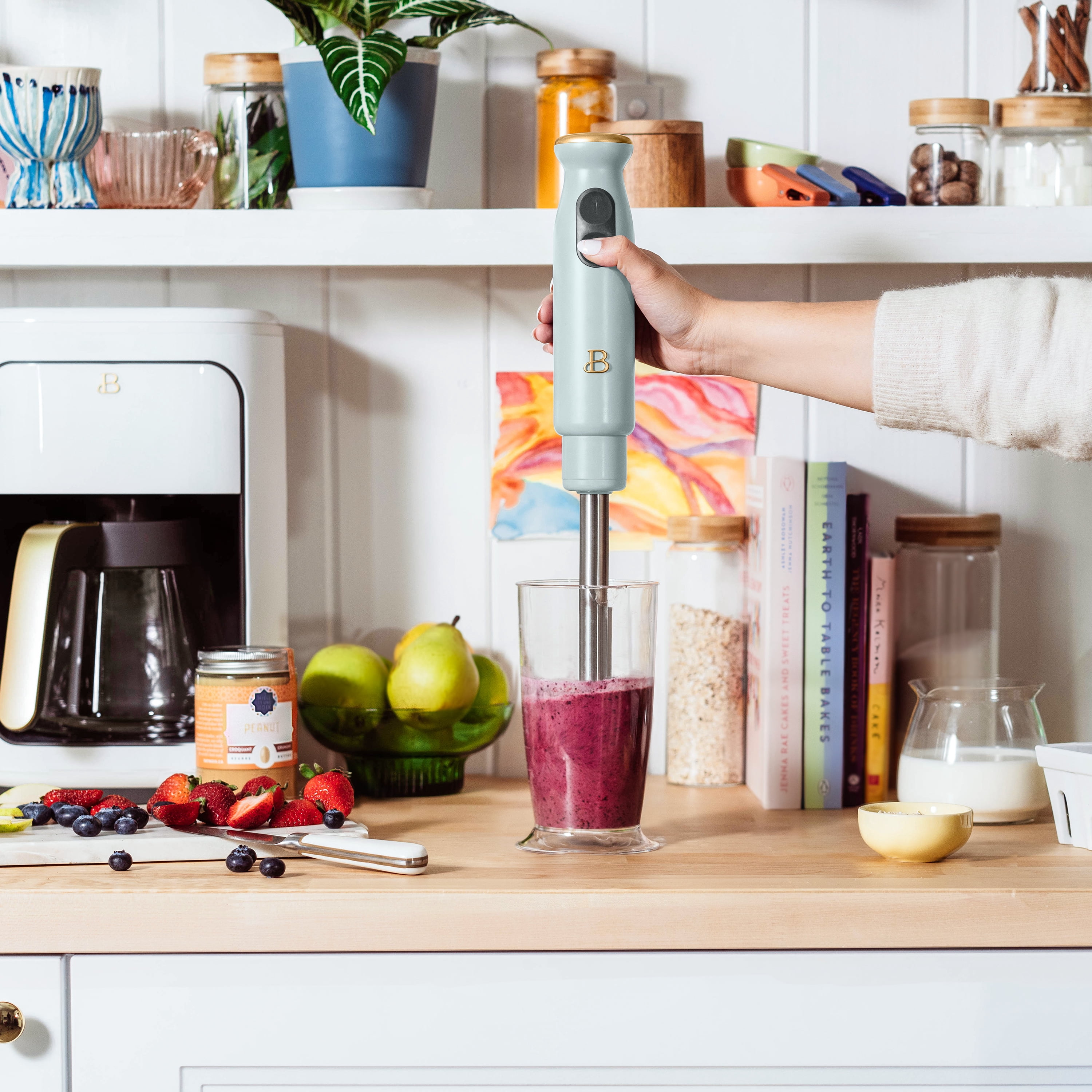 Beautiful 2-Speed Immersion Blender with Chopper & Measuring Cup, Hydrangea by Drew Barrymore