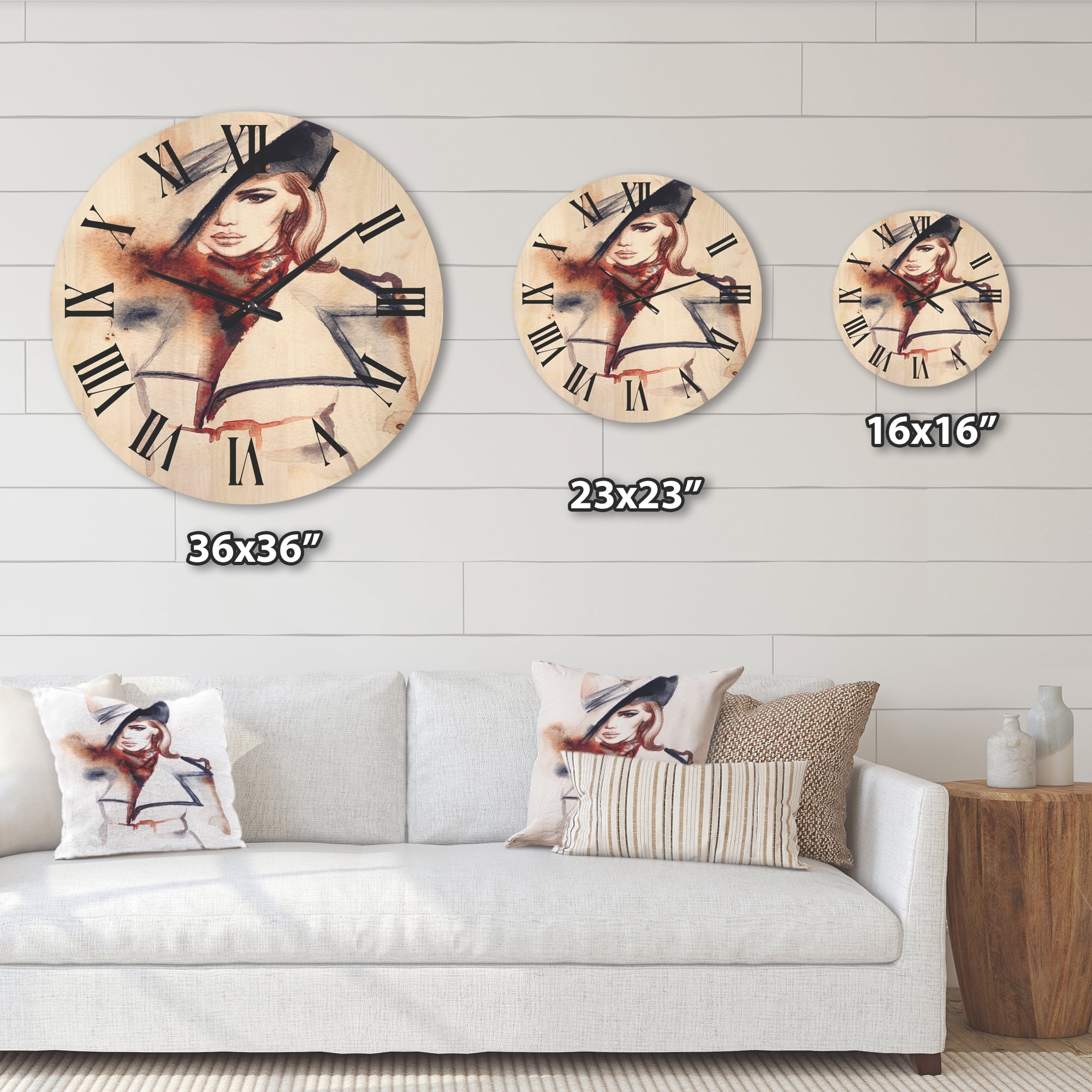 Designart 'Fashion Portrait of Woman Wearing Hat' Modern Wood Wall Clock