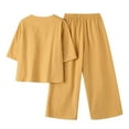 thumbnail image 5 of Women's Two Piece Outfit V-Neck 3/4 Long Sleeve Tops Wide Leg Pants Sets Solid Color Linen Top Capri Trousers Suits (Yellow M), 5 of 5
