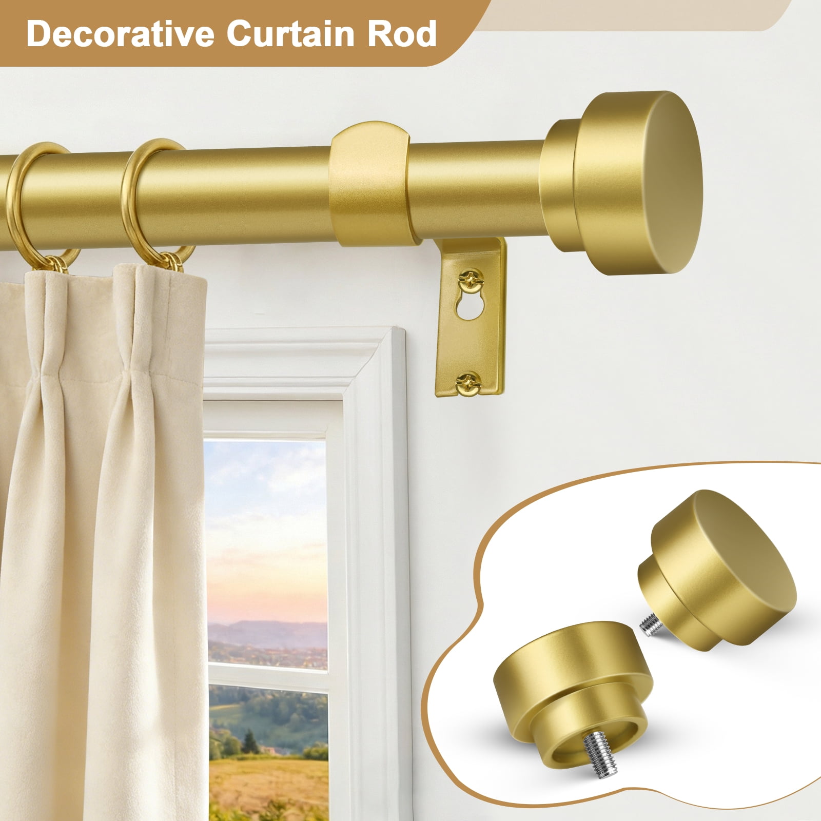 Meriville 1-Inch Side Curtain Rod Set with End Cap Finials, Adjustable 12-20 Inches, Set of 2, Gold