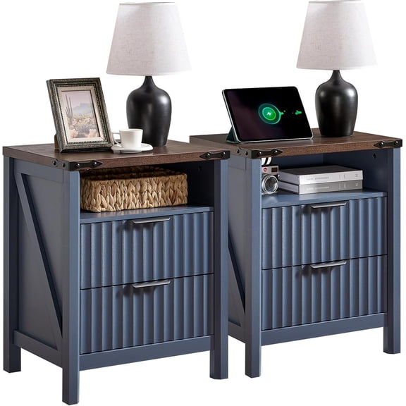 Fluted Nightstand with Charging Station - 20-inch Farmhouse End Side Table - Modern Night Stand - Elegant Wood Bedside Table with 2 Drawers and Stoarge for Bedroom(Navy Blue)