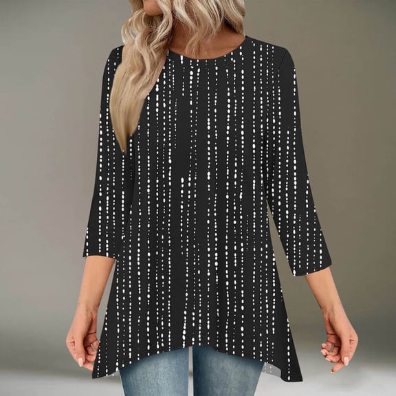 Jsaierl 3/4 Sleeve Womens Tops Summer Round Neck Shirts Boho Graphic Ladies Blouses Workout Holiday Tunic Top S-2XL