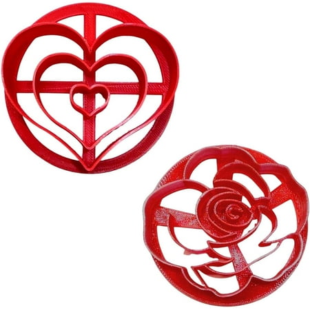 

LOVE THEMED HEART ROSE DESIGNS SET OF 2 CONCHA CUTTERS MEXICAN SWEET BREAD STAMP MADE IN PR1632 Red