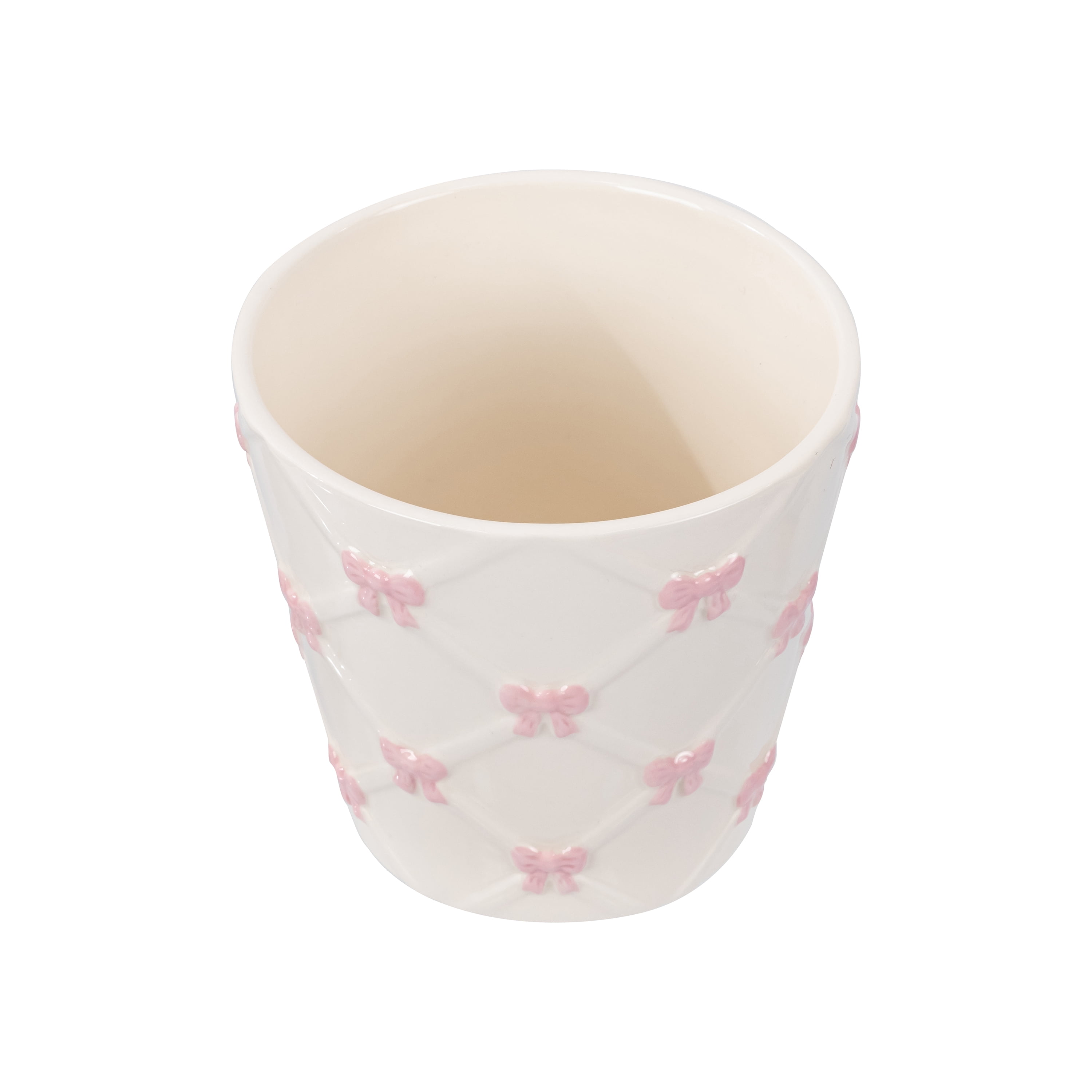 Mainstays Round Ceramic Bow Planter, Cream and Pink, 6.25 in x 6.25 in x 6 in
