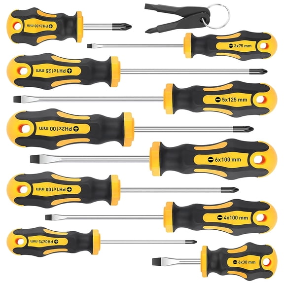 10-Piece Magnetic Screwdrivers Set, 5 Phillips and 5 Slotted Tips Professional Cushion Grip Screwdriver Set 2pcs Portable Multifunction Key Mini Screwdriver (Yellow)