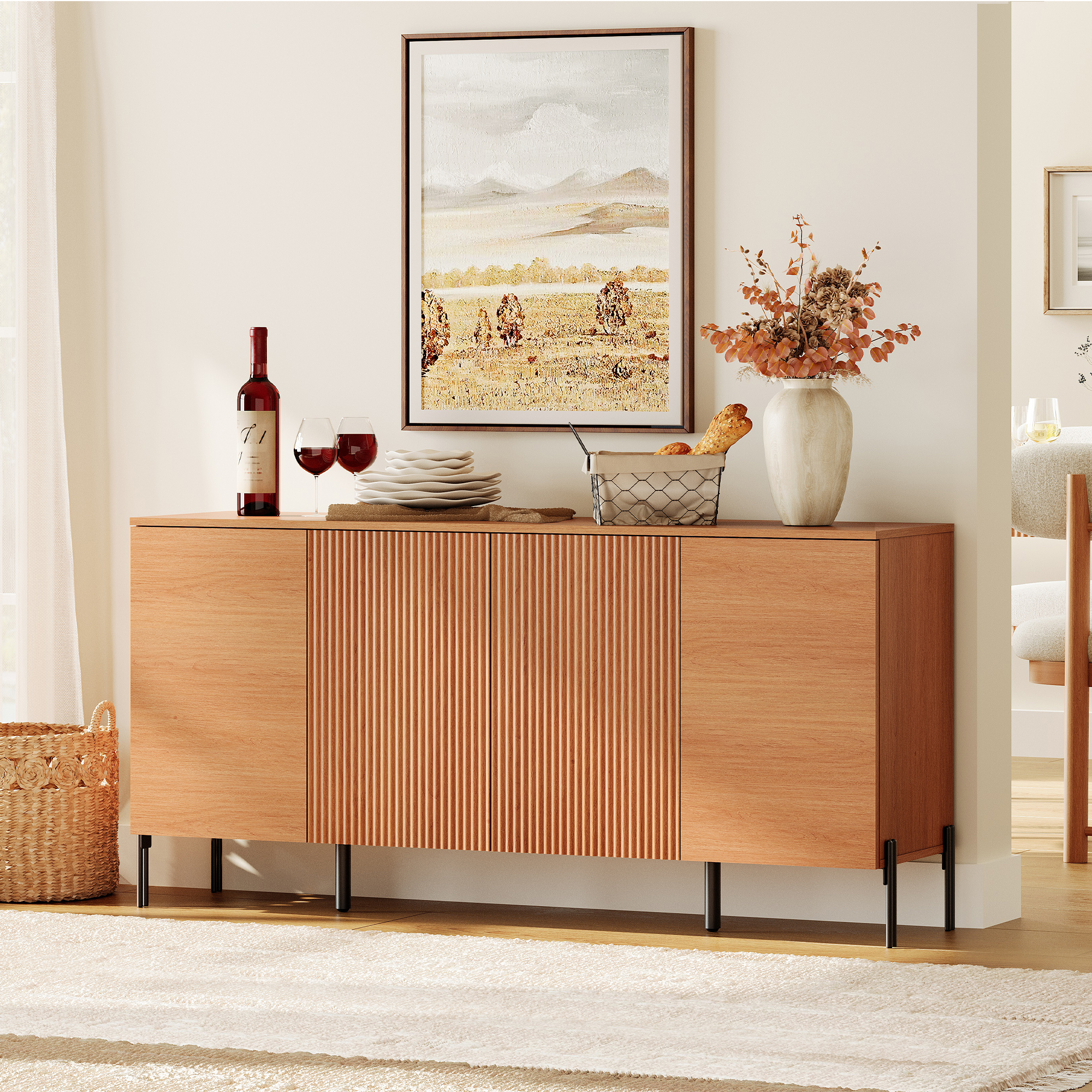 61" Minimalist 4-Door Sideboard With Rectangular Geometric Design And Double Chopstick Leg Base
