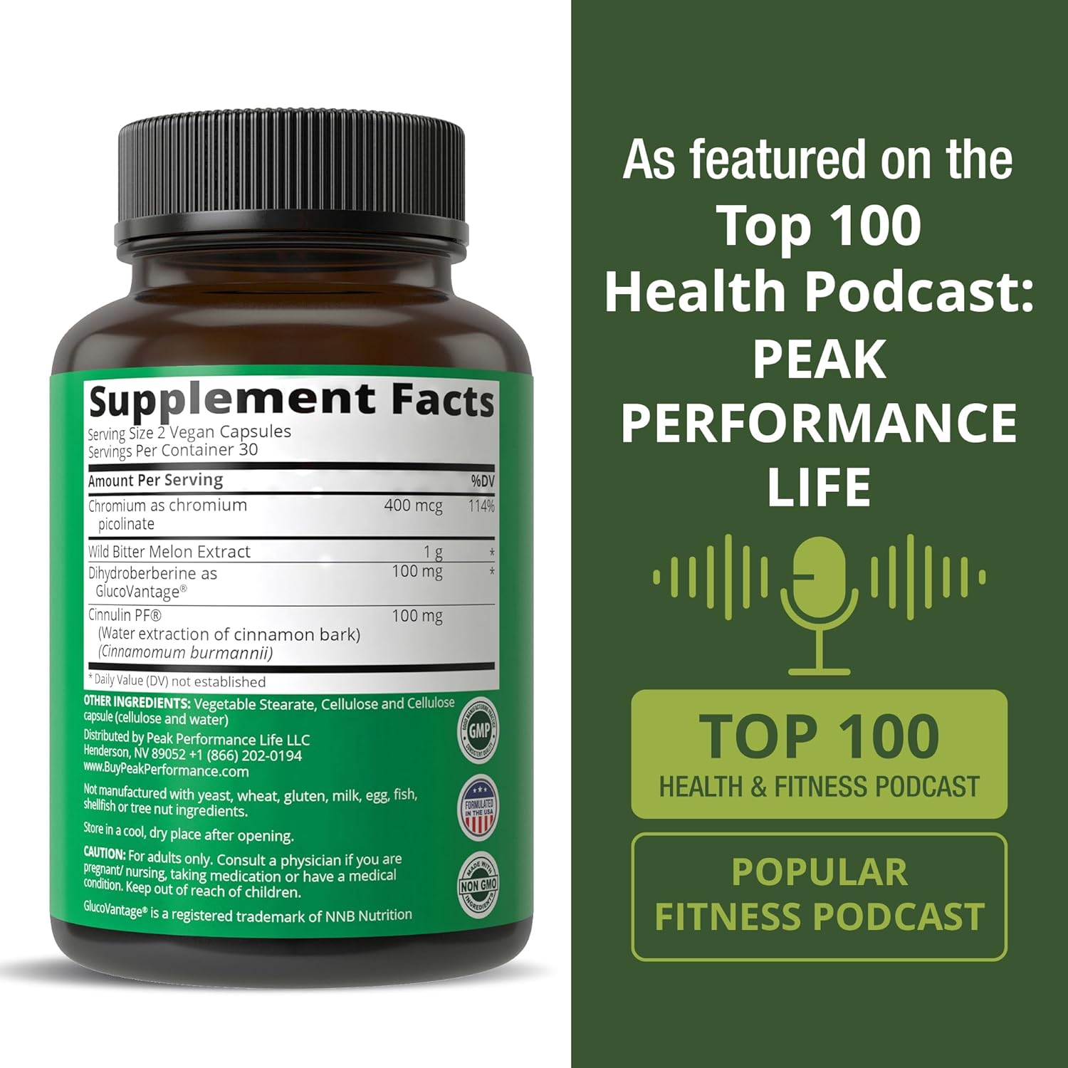 Peak Performance Super Berberine GlucoVantage 4-In-1 Wild Bitter Melon Cinnamon Chromium Picolinate Vegan Capsules, Blood Sugar Support, 60 Count