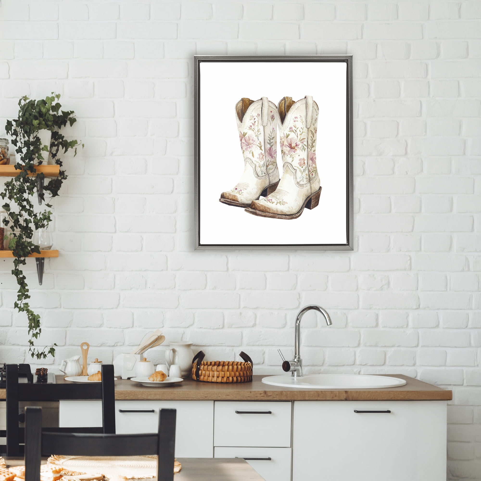 Stupell Industries Boots in Bloom Gray Framed Floater Canvas Wall Art, design by Svetlana Aleynikova
