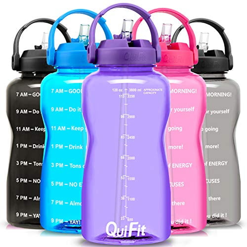 QuiFit 1 Gallon Water Bottle with Straw & Time Marker BPA Free 128/64 oz Large Motivational Water Jug Leak-Proof Durable for Fitness Outdoor Enthusiasts 