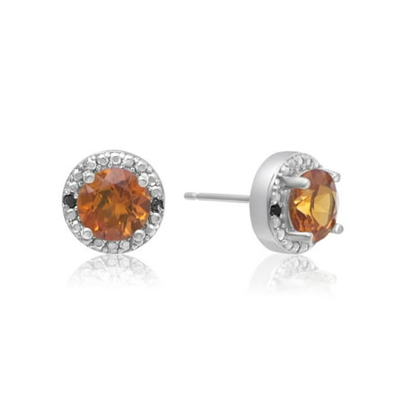 1 2 Carat Padparadscha And Black Diamond Halo Stud Earrings In 1 2 Carat Padparadscha And Black Diamond Halo Stud Earrings In Sterling Silver