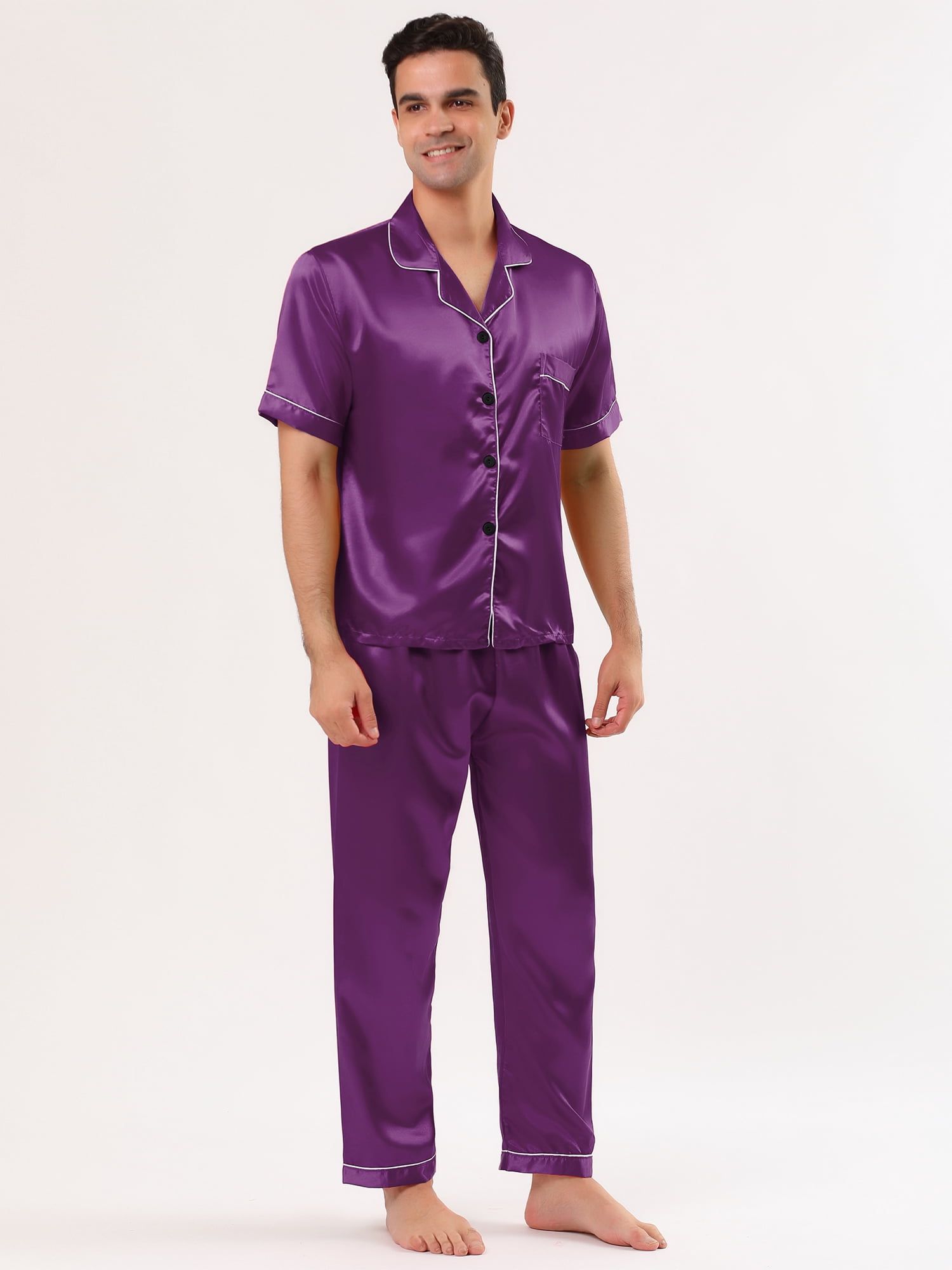 Unique Bargains Men's Button Down Satin Pajama Sets Short Sleeves Nightwear Small Purple