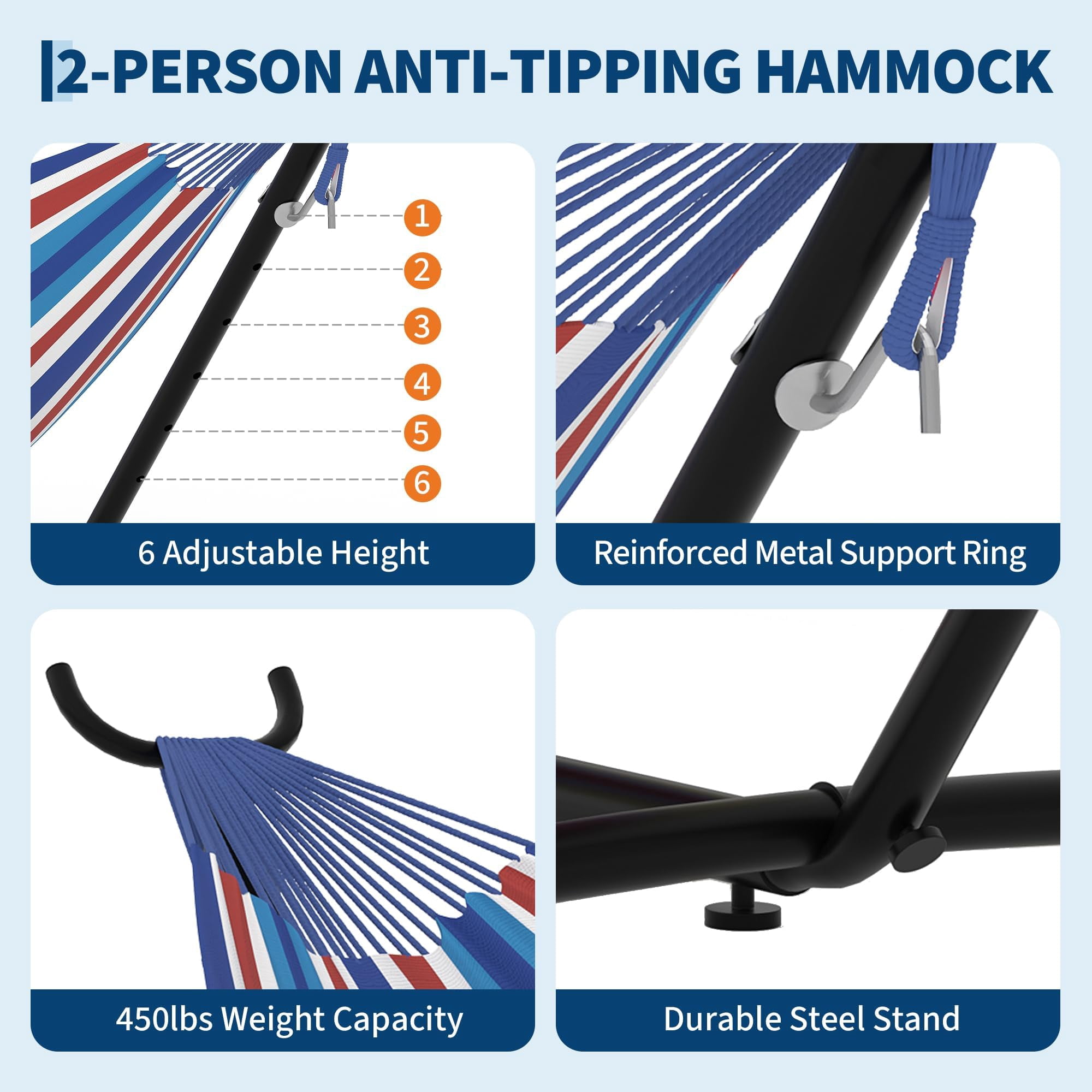 Double Hammock with Space Saving Steel Stand, 450 lbs Capacity Portable Hammock with Carrying Bag for Indoor Outdoor Patio Yard, Blue & White and Red Stripes