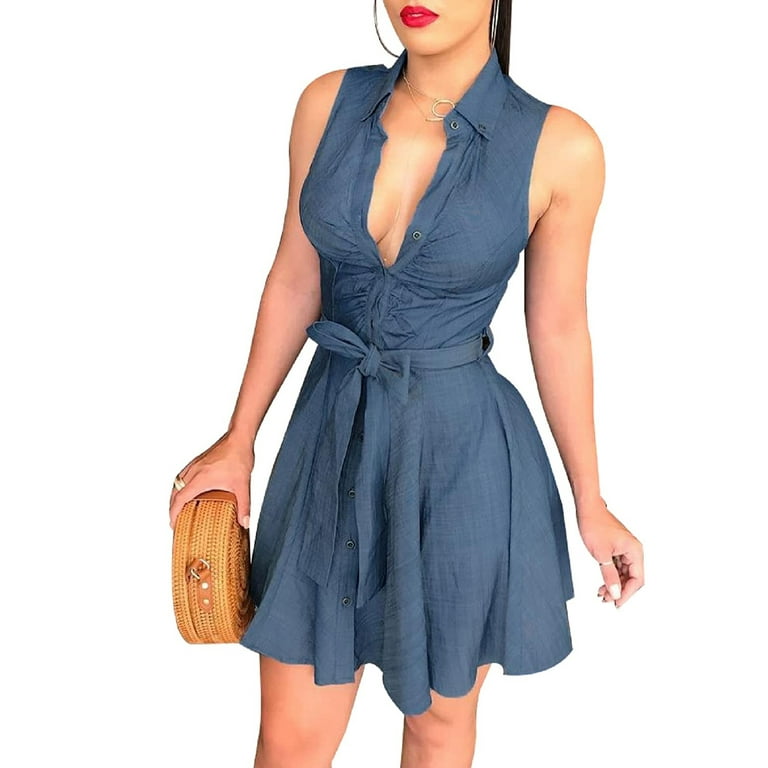 Womens Summer Bodycon Denim Sleeveless Short Dress Party Evening