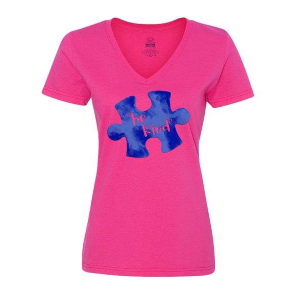 Inktastic Autism Awareness Be Kind Dark Blue Puzzle Piece Women's V-Neck T-Shirt
