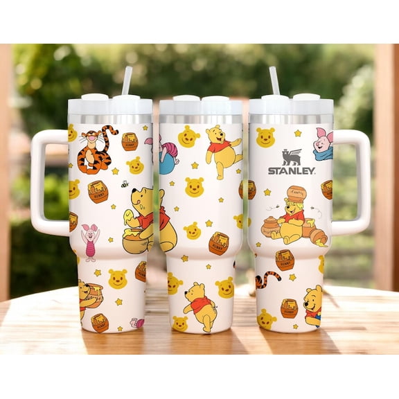 Winnie the Pooh 40oz Tumbler with Handle, Cute Bear Cartoon Stainless Steel Insulated Travel Mug with Straw, Honey Theme Coffee & Water Cup Gift