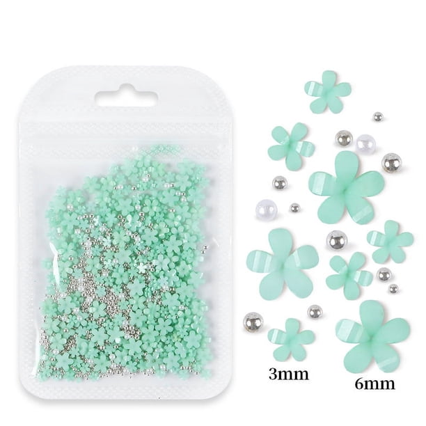 Bolsa de joyería con flores de cinco pétalos para decoración de uñas Joyería de flores acrílicas blancas y rosas con cuentas de oro y plata Flor de resina