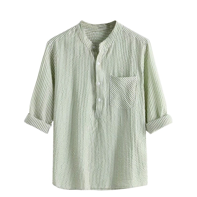 YanHoo Mens Linen Henley Shirts Loose Button Band Collar Stripes Shirts with Pocket