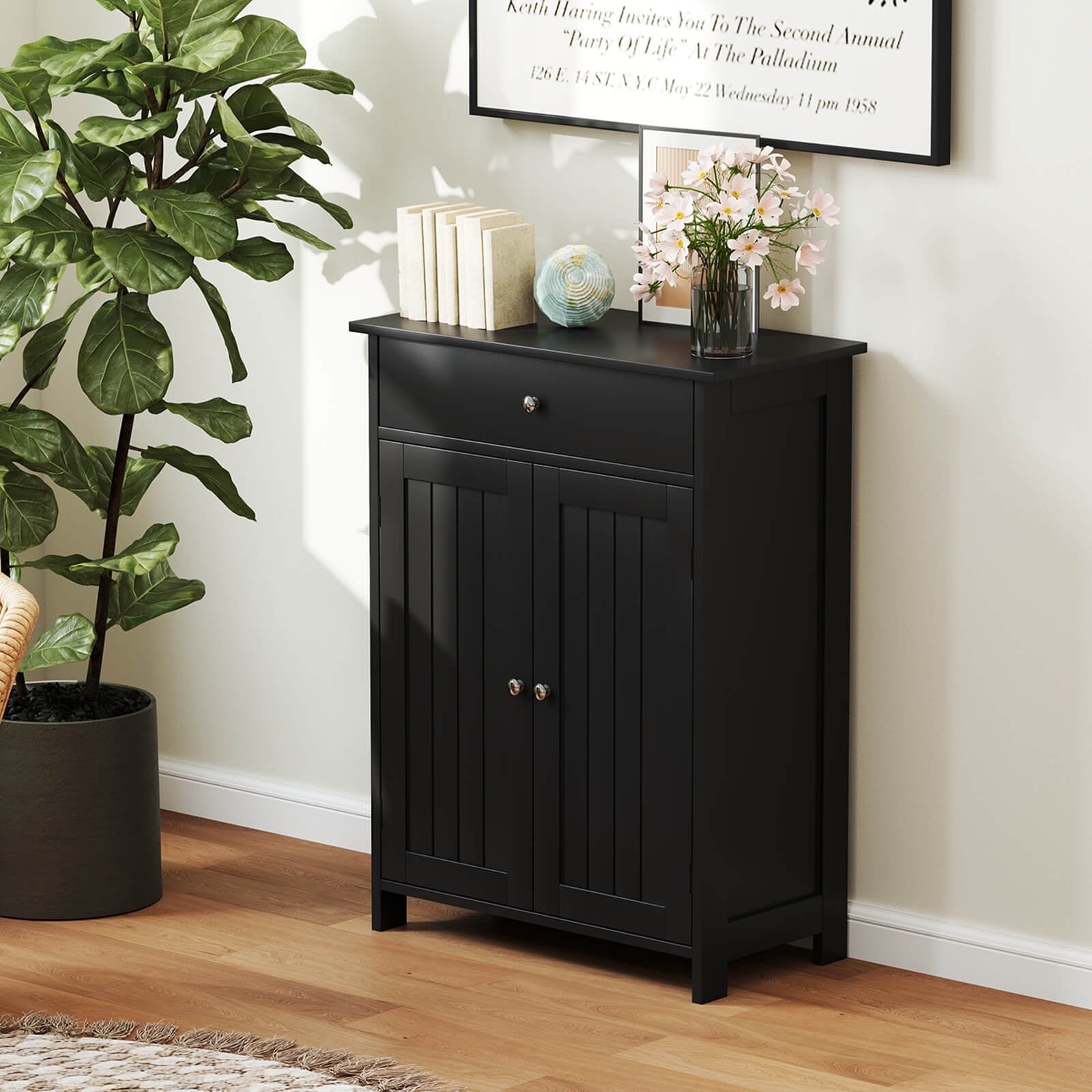 Costway Bathroom Floor Cabinet Freestanding Storage Organizer with 2 Doors Storage Cabinet Black