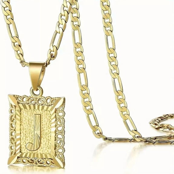 DESIGNICE 18K Gold Plated Letter J Square Pendant Necklace Initial Chain Men Women Gift