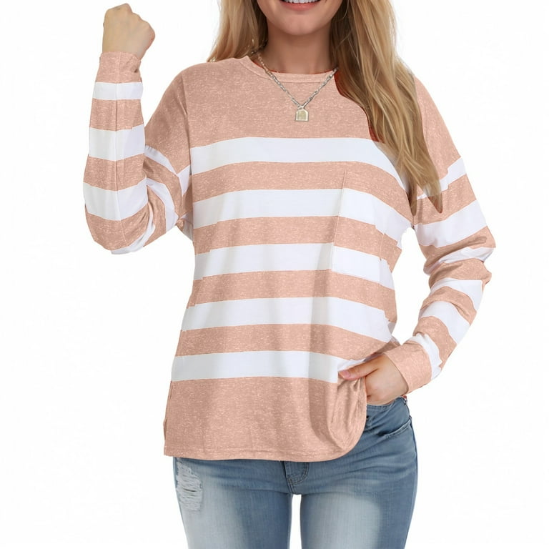 DVKOVI Cute Top Women Striped Shirt Long Sleeve Lightweight Tops Fall Crewneck Ribbed Shirts Light Pink XL