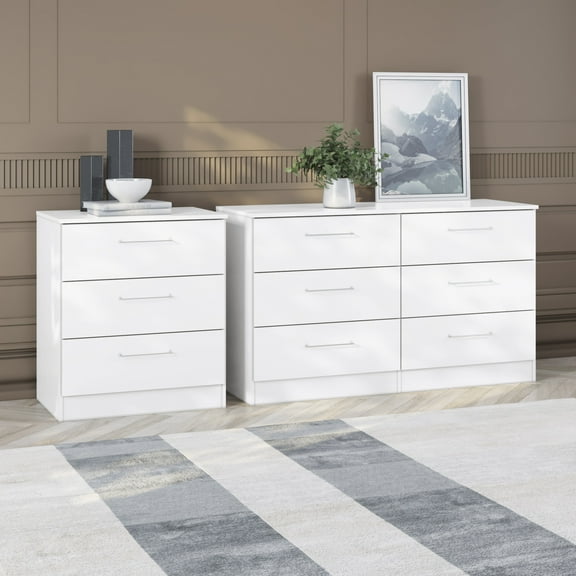Kappesberg Foster 2-Piece Bedroom Set, One 6-Drawer Dresser & One 3-Drawer Tall Chest, White, for Adults and Teens